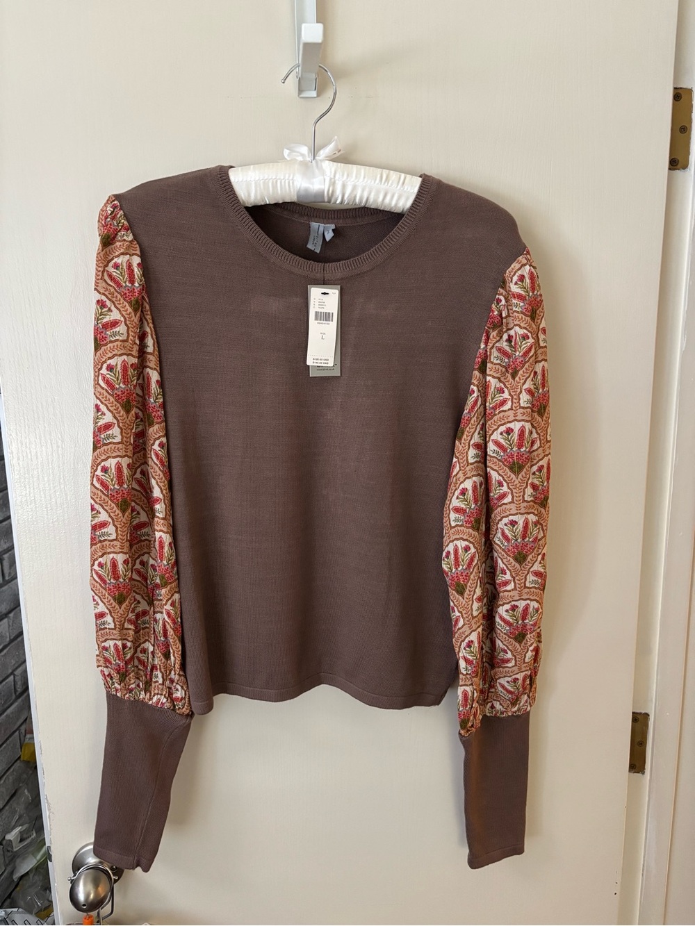Anthropologie Chocolate Brown Sweatshirt with Floral Puff Sleeves